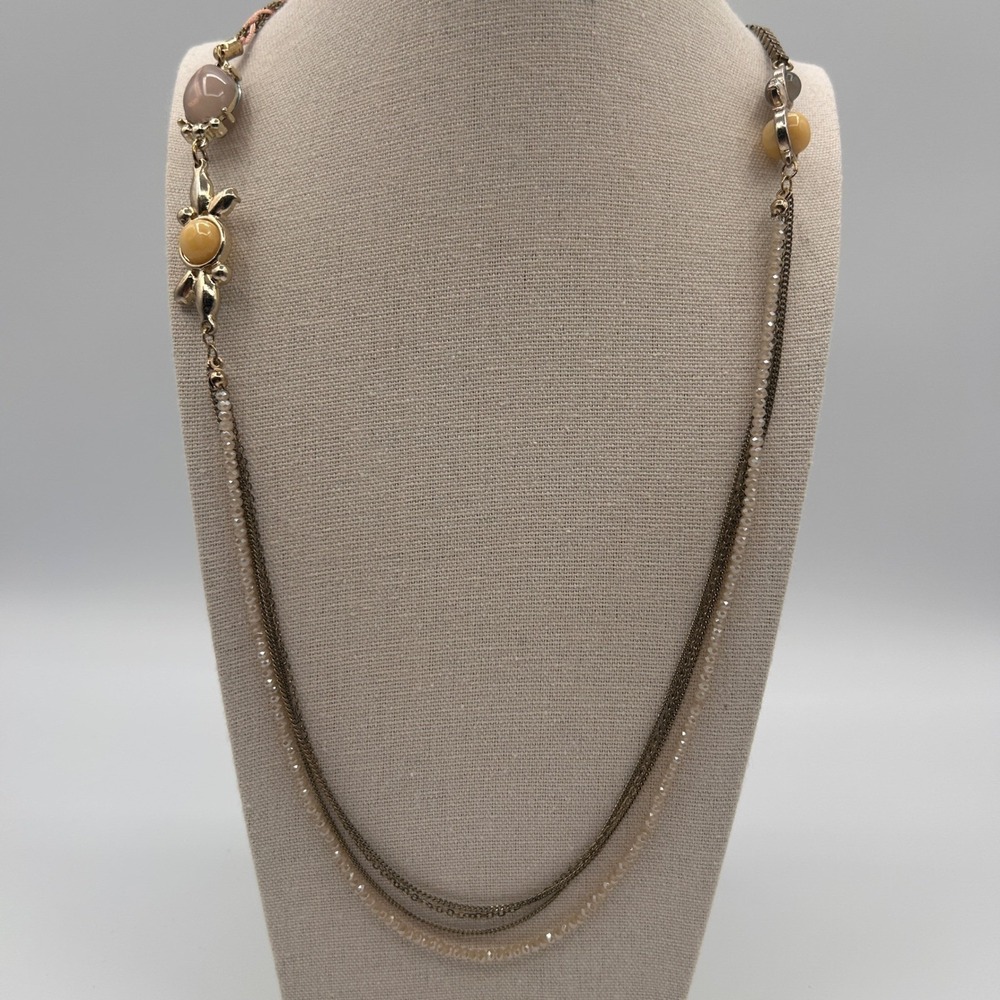 Loft Multi Strand Beaded Layered Necklace Gold Tone Rhinestone Statement 36"